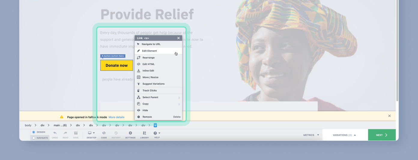 Website interface displaying a 'Provide Relief' message, with a highlighted 'Donate now' button and a dropdown menu for link options. A smiling person wearing a colorful headwrap is visible in the background.