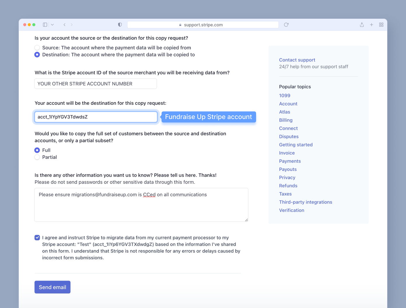 Form for requesting data migration between Stripe accounts, including fields for source and destination account IDs, options for full or partial customer data transfer, and a section for additional information.