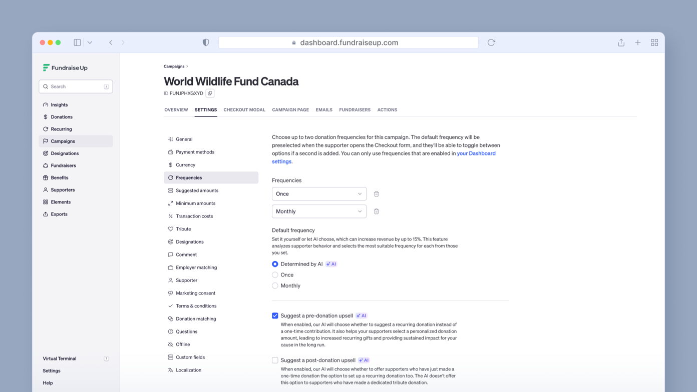 Settings page for World Wildlife Fund Canada campaign, displaying options for donation frequency, suggested amounts, and default settings for recurring donations.