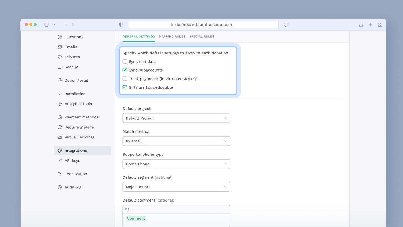 Settings page for a donation management tool, showing options to specify default settings for donations, including syncing data, tracking payments, and confirming tax deductibility. Sections for project, contact matching, and supporter information are visible.