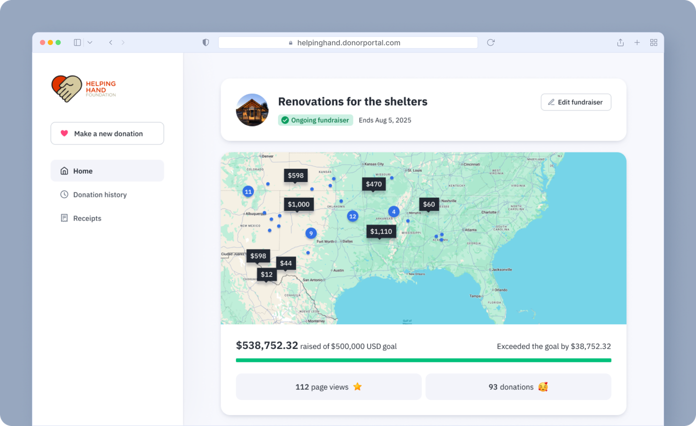 Ongoing fundraiser for shelter renovations, showing a map with donation amounts marked in various locations. Total raised: $538,752.32, exceeding the $500,000 goal by $38,752.32. 93 donations recorded.