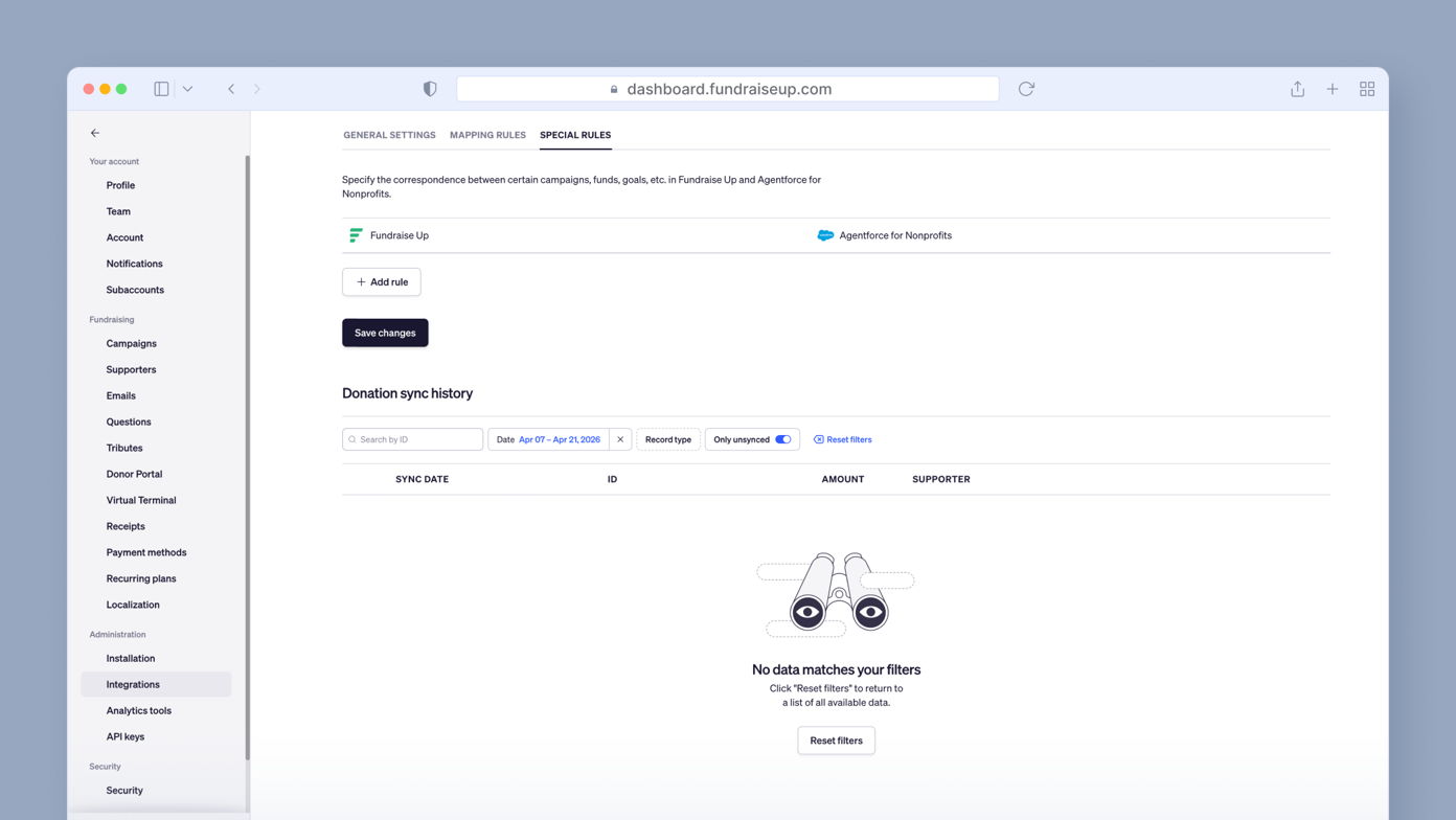 Dashboard interface showing settings for donation synchronization, with options to add rules and save changes. A message indicates no matching data for filters applied, with options to reset filters.