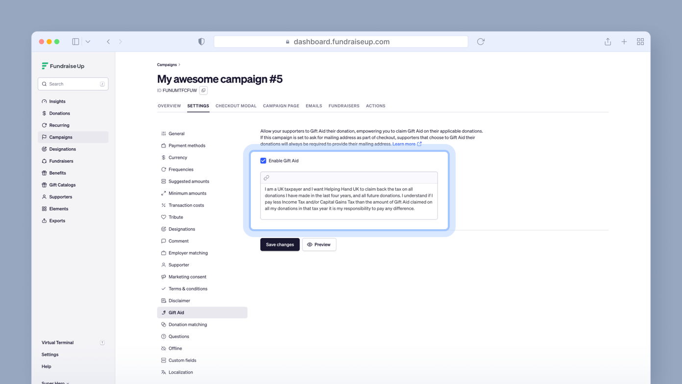 Settings page for a fundraising campaign, featuring an option to enable Gift Aid with a description explaining its purpose. A button to save changes is visible below the text box.