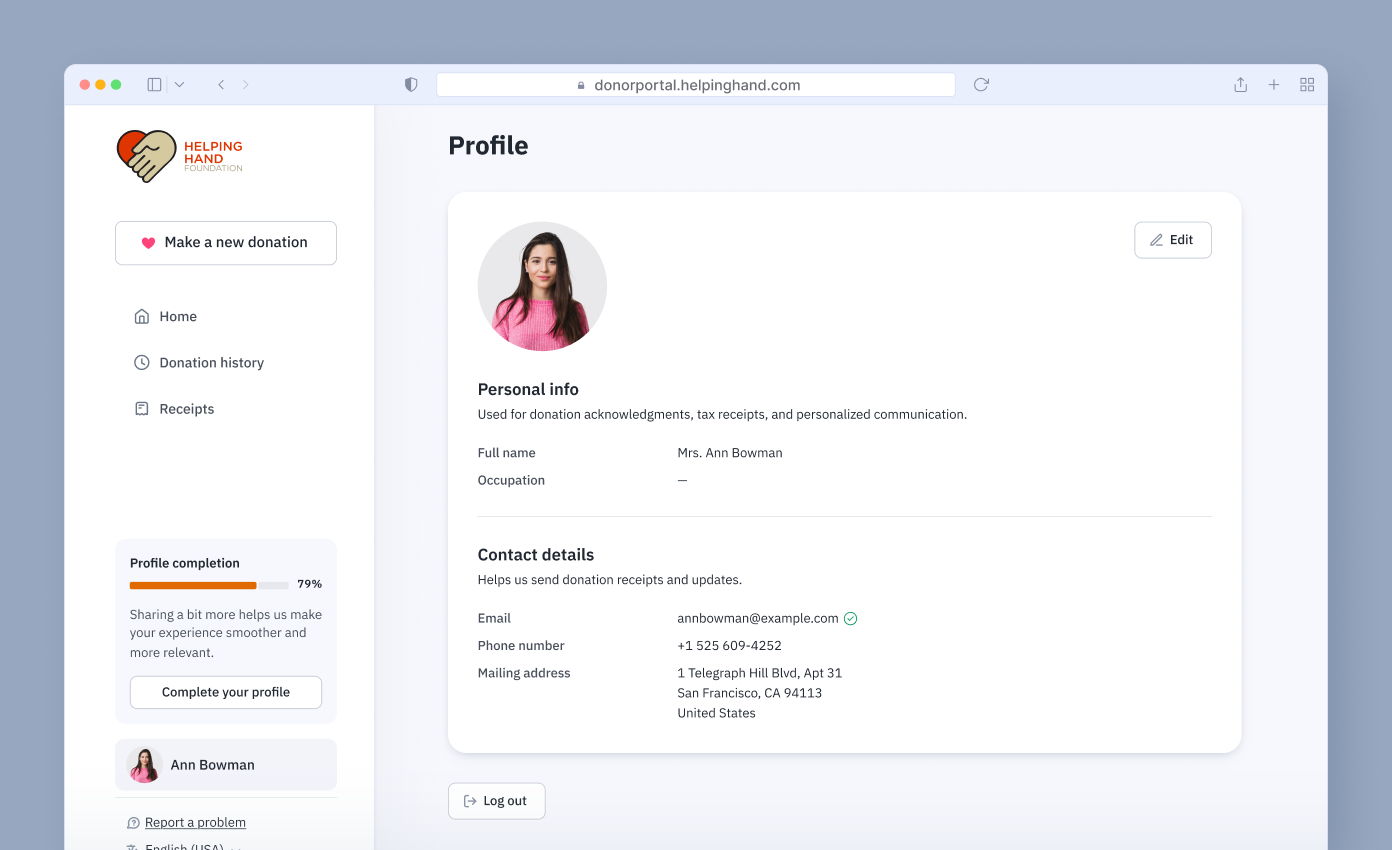 Profile page displaying personal information for a user named Ann Bowman, including contact details and profile completion status of 79%. Options for donation management and account editing are visible on the left sidebar.