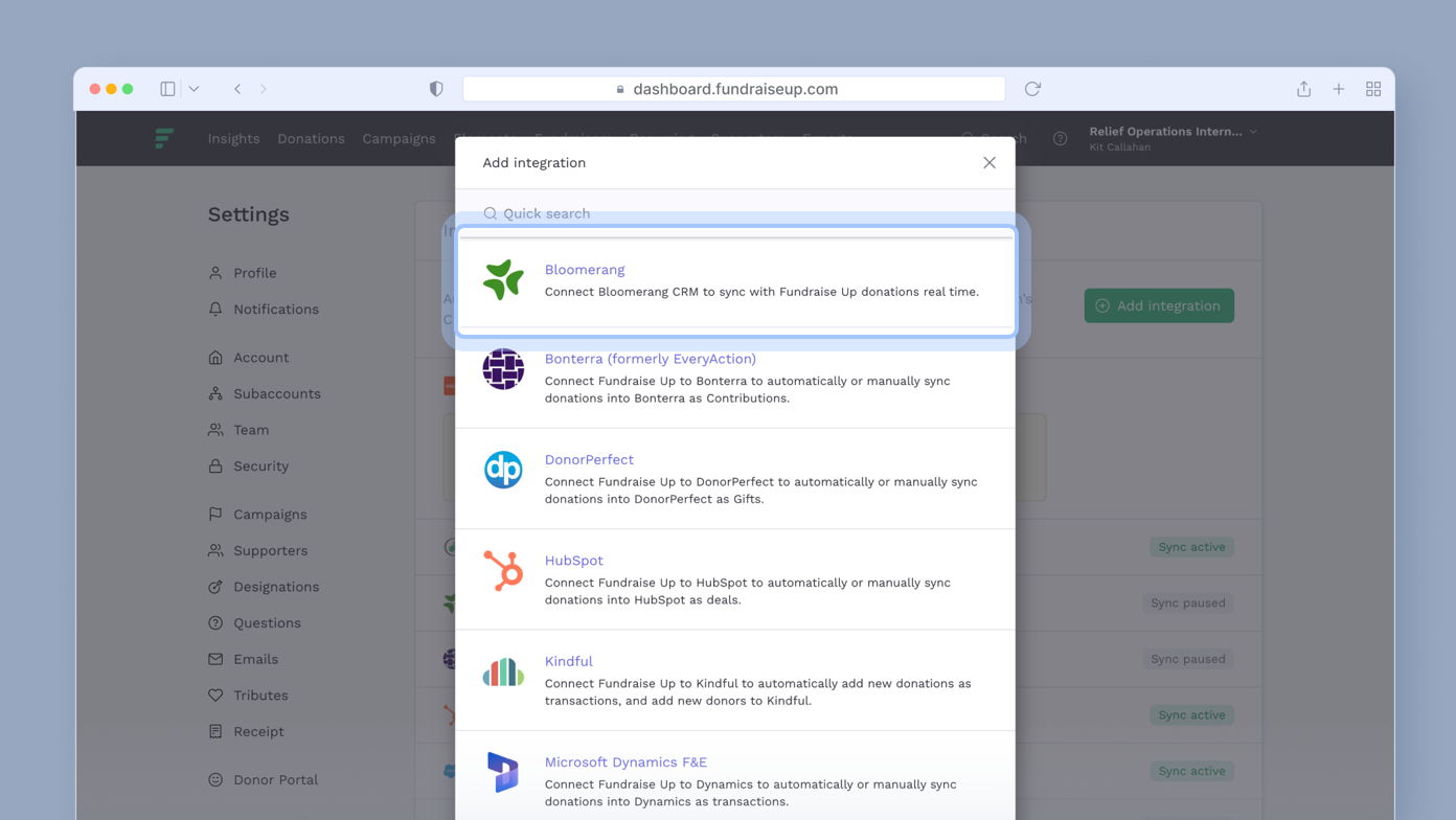 Integration options for Fundraise Up, featuring a search bar and a list of services including Bloomerang, Bonterra, DonorPerfect, HubSpot, Kindful, and Microsoft Dynamics FAE, with an 'Add Integration' button.