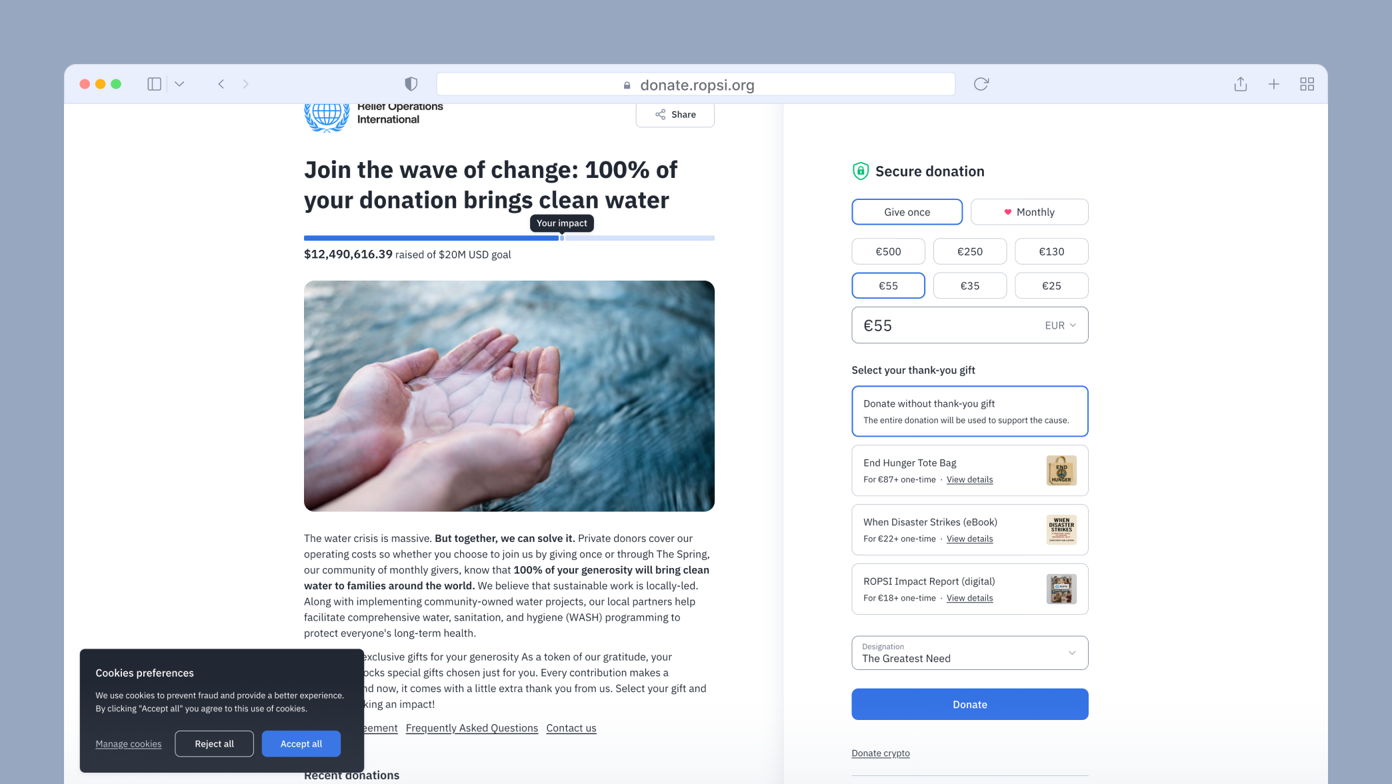 Hands holding water, with a donation form on the right side, showing options for one-time or monthly contributions and suggested amounts. The text highlights the impact of donations on providing clean water.