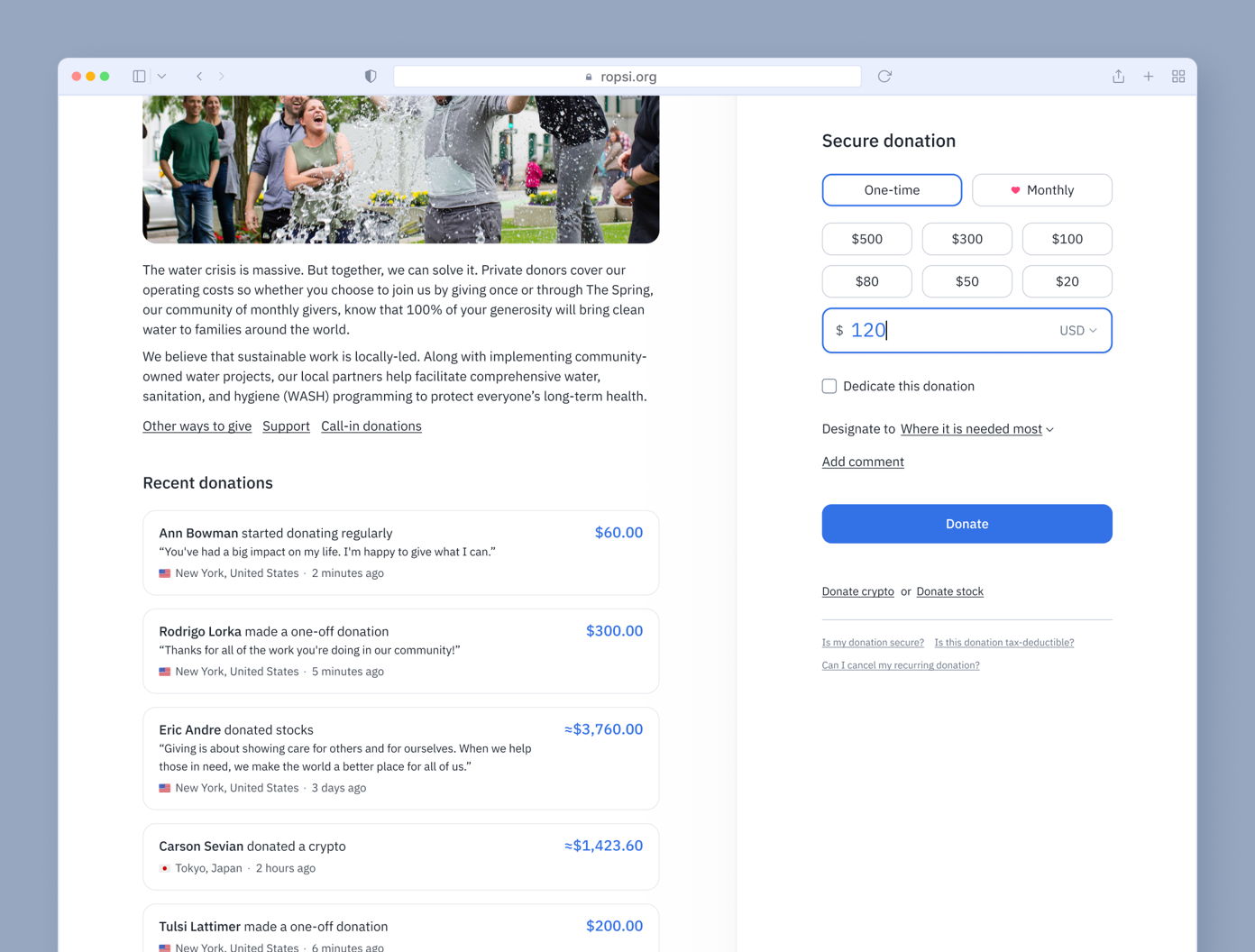 Donation page with options for one-time or monthly contributions. Recent donations listed with amounts and comments. A section to enter a donation amount of $120, alongside buttons for donation methods and additional options.