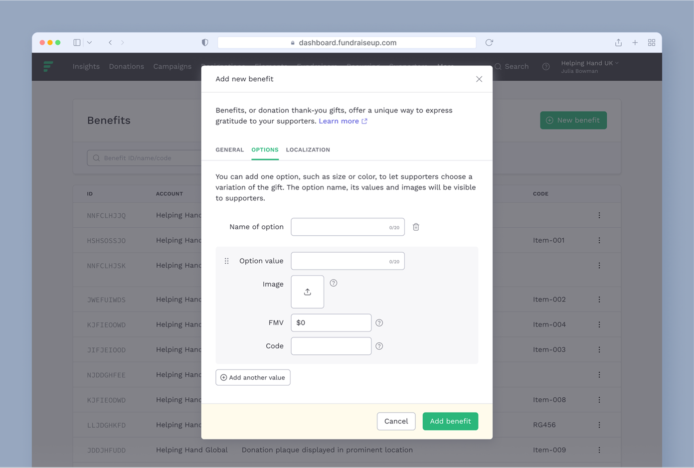 Add new benefit form with fields for option name, option value, image upload, fair market value, and code. Includes buttons for adding another value and submitting the benefit. Contextual instructions are provided above the form.