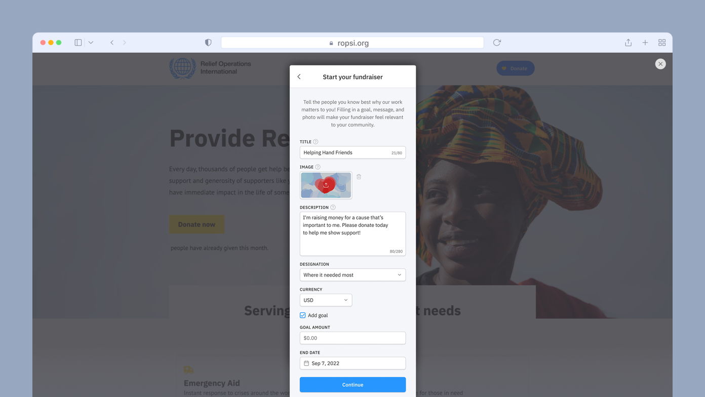Form to start a fundraiser on a website, featuring fields for title, description, designation, currency, goal amount, and deadline. Background includes a smiling person wearing a colorful head wrap.