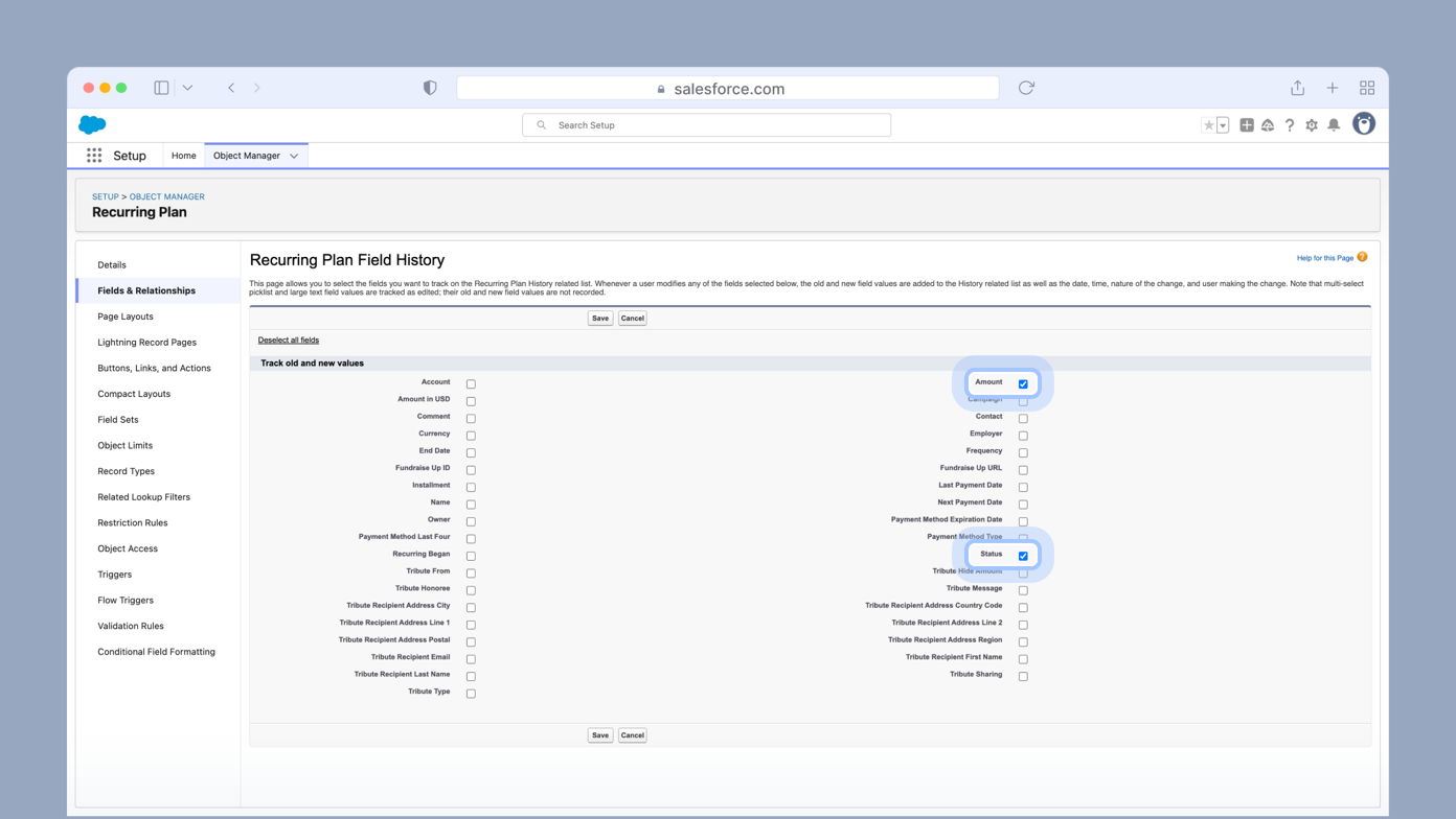 Recurring Plan Field History settings in Salesforce, displaying a list of fields with checkboxes for tracking changes. Key fields include "Account," "Amount," and "Status," with options to save or cancel changes.