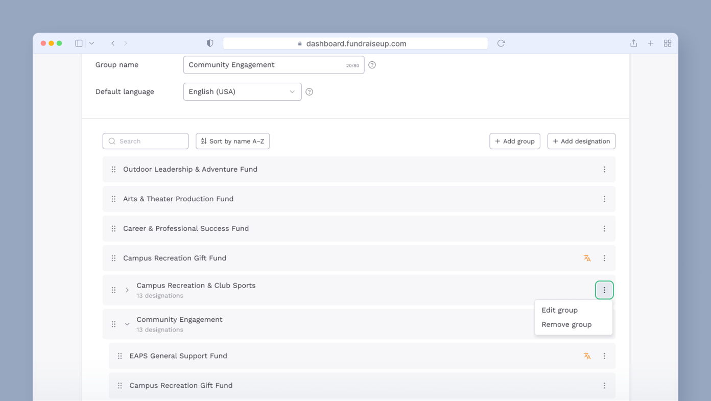 Dashboard displaying group names and options for managing fundraising groups, including "Community Engagement" and various funds. Features a search bar, sorting option, and buttons to add groups or designations.
