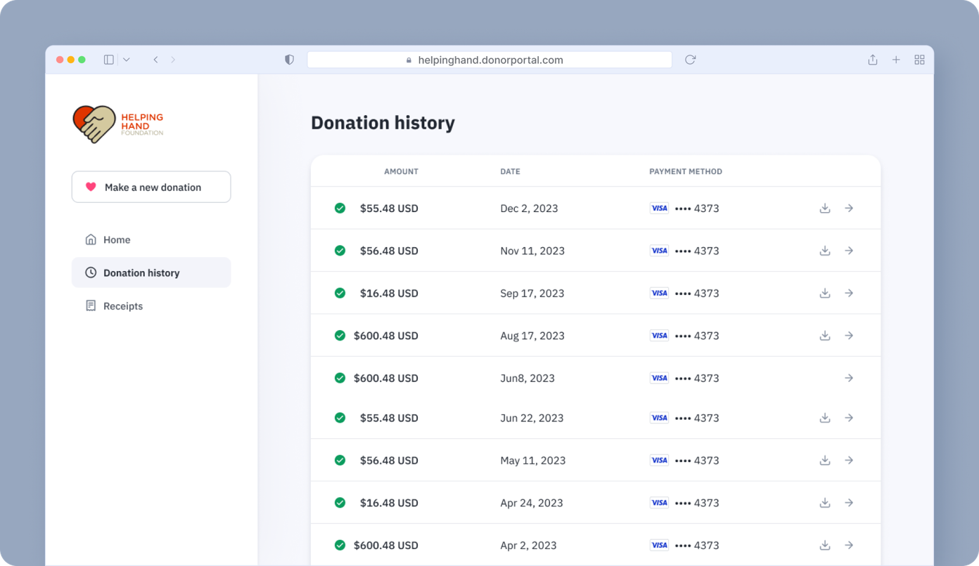 Donation history table displaying transaction amounts, dates, and payment methods for a nonprofit organization. Each entry shows the amount in USD, date of transaction, and a masked card number.