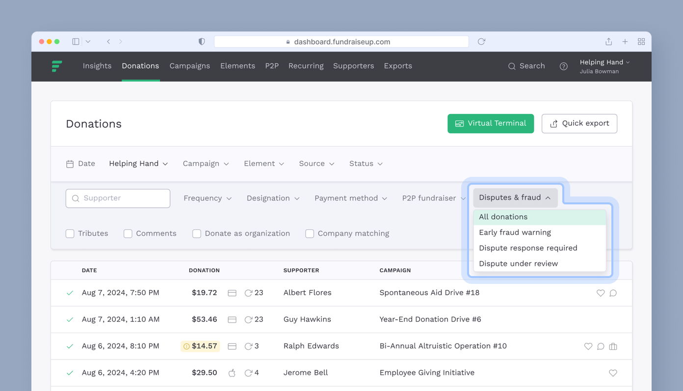 Donations dashboard displaying a list of contributions, including dates, amounts, supporters, and campaigns. A dropdown menu for "Disputes & fraud" shows options for managing donation disputes.