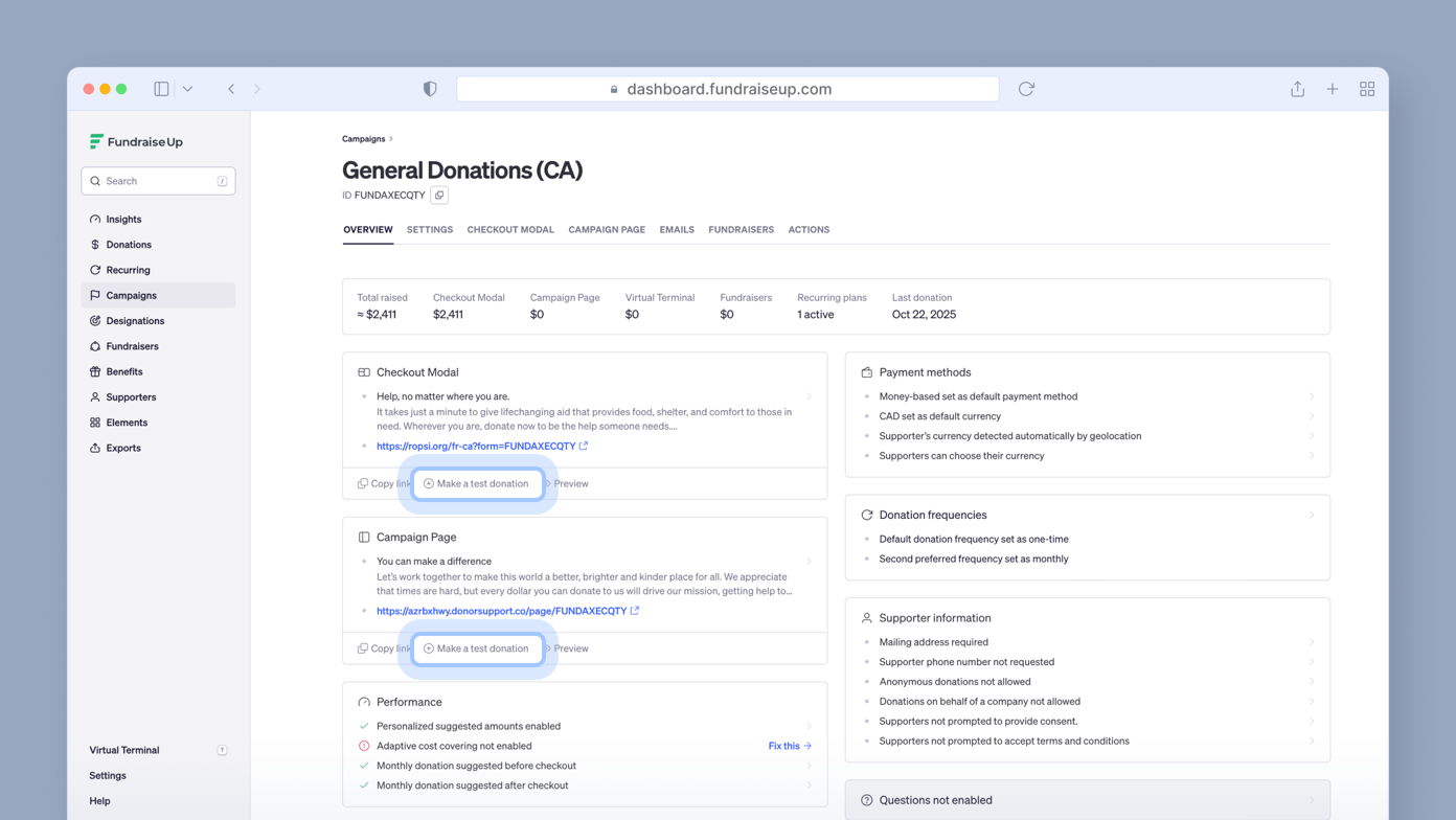 Fundraise Up dashboard displaying 'General Donations (CA)' overview, including total raised, checkout modal options, campaign page settings, payment methods, donation frequencies, and supporter information.