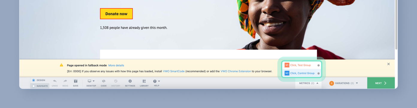 Call to action button labeled 'Donate now' with a message indicating 1,508 people have donated this month, alongside a smiling woman wearing a colorful headscarf.