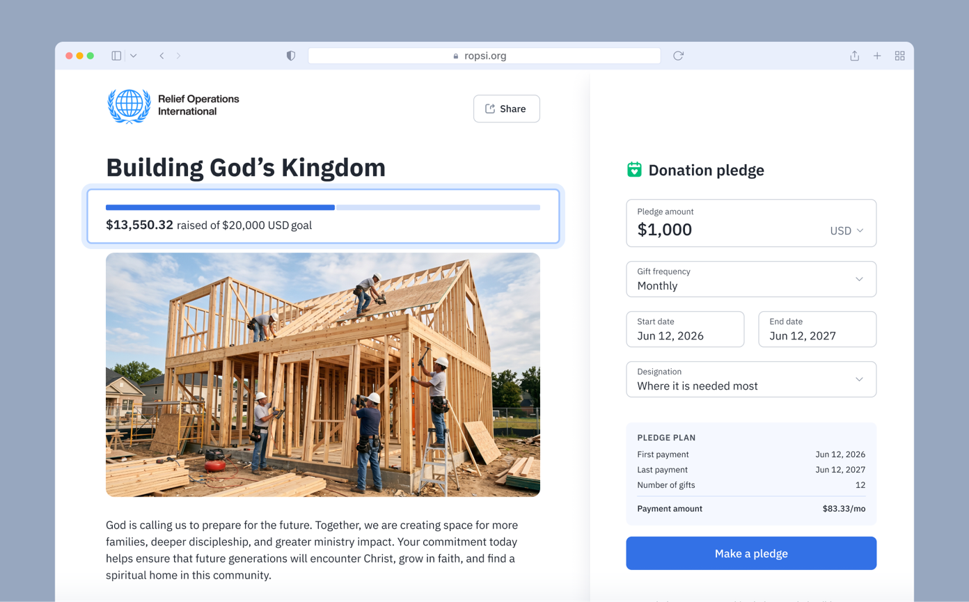 Progress bar showing $13,550.32 raised toward a $20,000 goal for a construction project. The page includes a donation pledge section with options for amount, frequency, and designation. A photo depicts individuals working on a wooden structure.