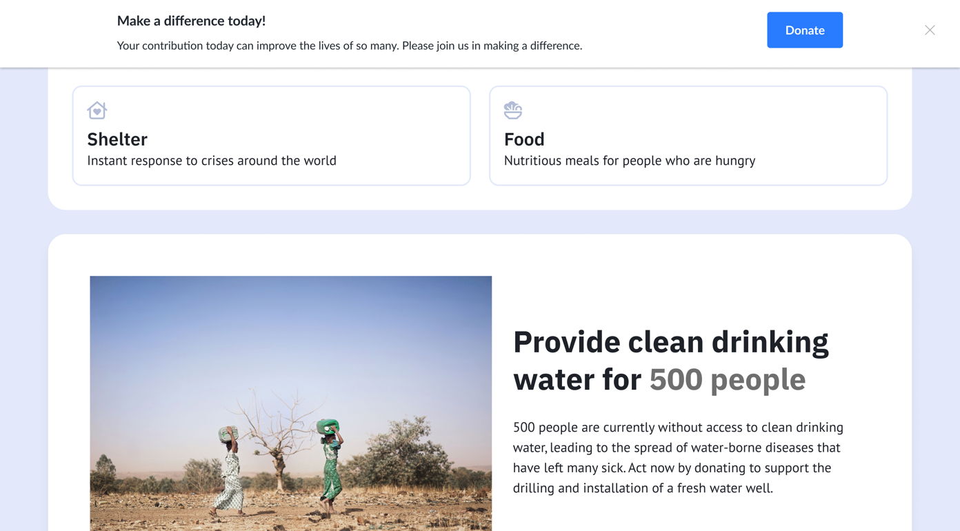 Two individuals in a dry landscape, one holding a shovel, working together to provide clean drinking water for 500 people. Text highlights the need for donations to support water drilling and installation efforts.