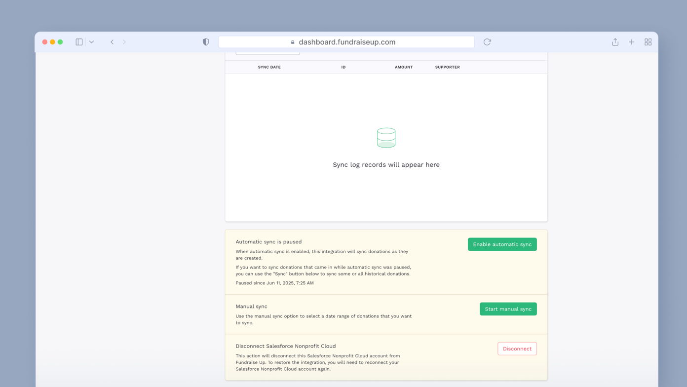 Sync log records section with options for automatic and manual sync, including buttons to enable sync and disconnect from Salesforce Nonprofit Cloud. Instructions for syncing donations are provided.