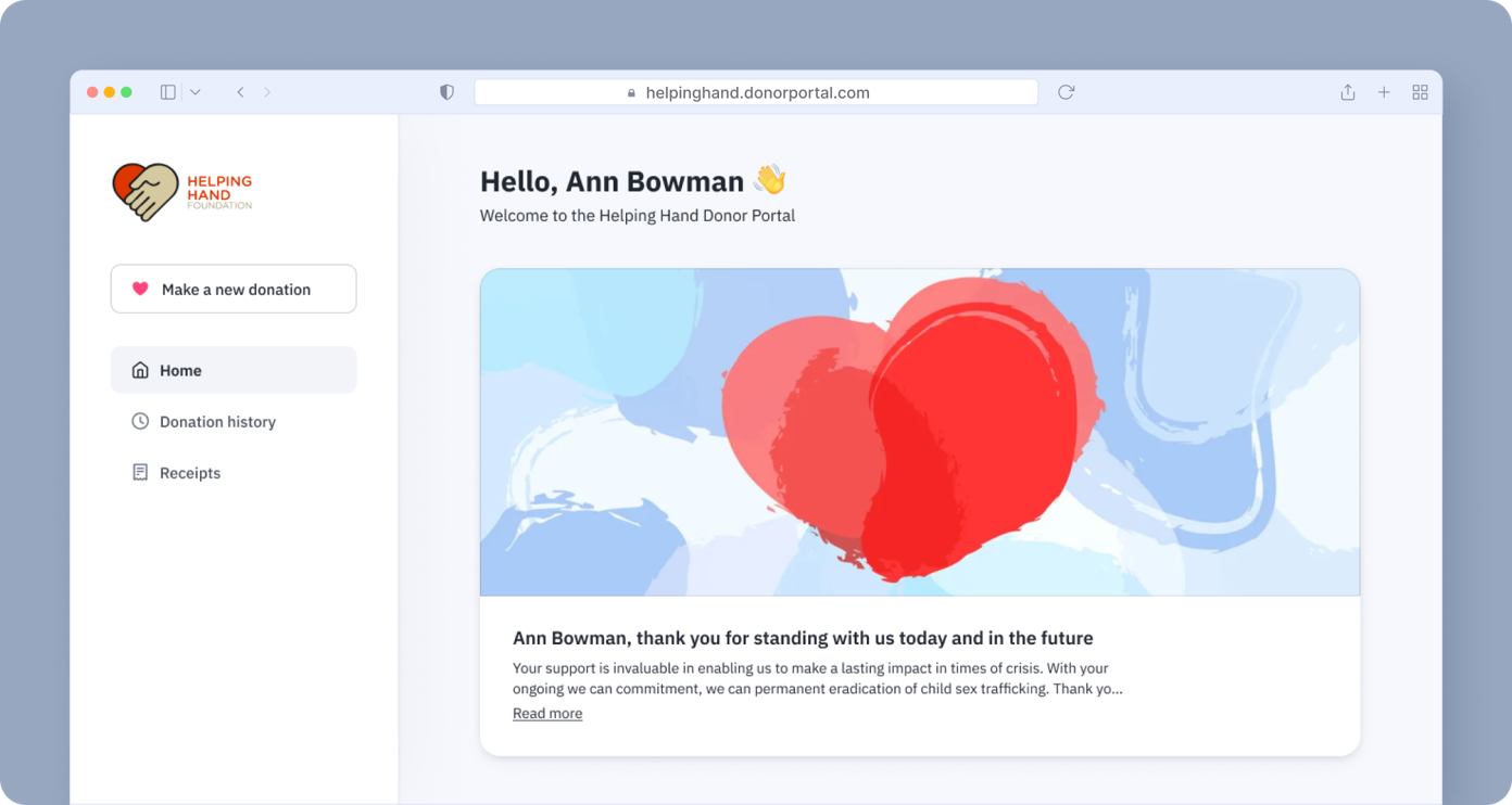 Welcome message for a donor portal, displaying a heart graphic and a personalized greeting for Ann Bowman. Text thanks the donor for their support and outlines the organization's mission. Options for making a donation and viewing donation history are visible.