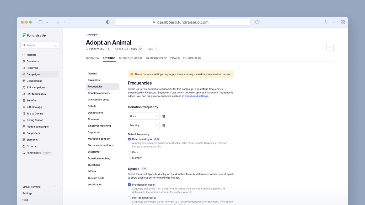 Settings page for the 'Adopt an Animal' campaign on FundraiseUp, displaying options for donation frequency, including 'Once' and 'Monthly,' along with related instructions and settings.