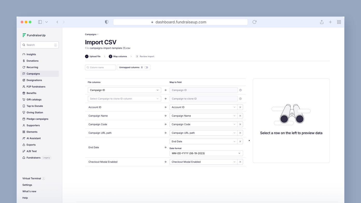 Import CSV interface for uploading campaign data, featuring fields for mapping file columns to system fields. A preview section on the right prompts users to select a row to view data.