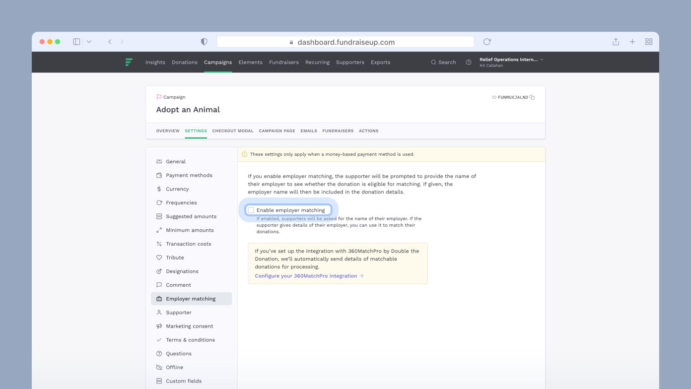 Settings page for the 'Adopt an Animal' campaign, highlighting the option to enable employer matching for donations, with explanatory text about its function and integration with 360MatchPro.