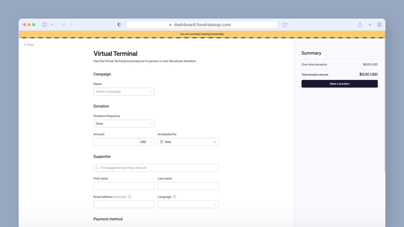Virtual terminal interface for processing donations, featuring fields for campaign selection, donation frequency, amount, supporter details, and payment method. Summary section displays donation total and a button to submit the donation.