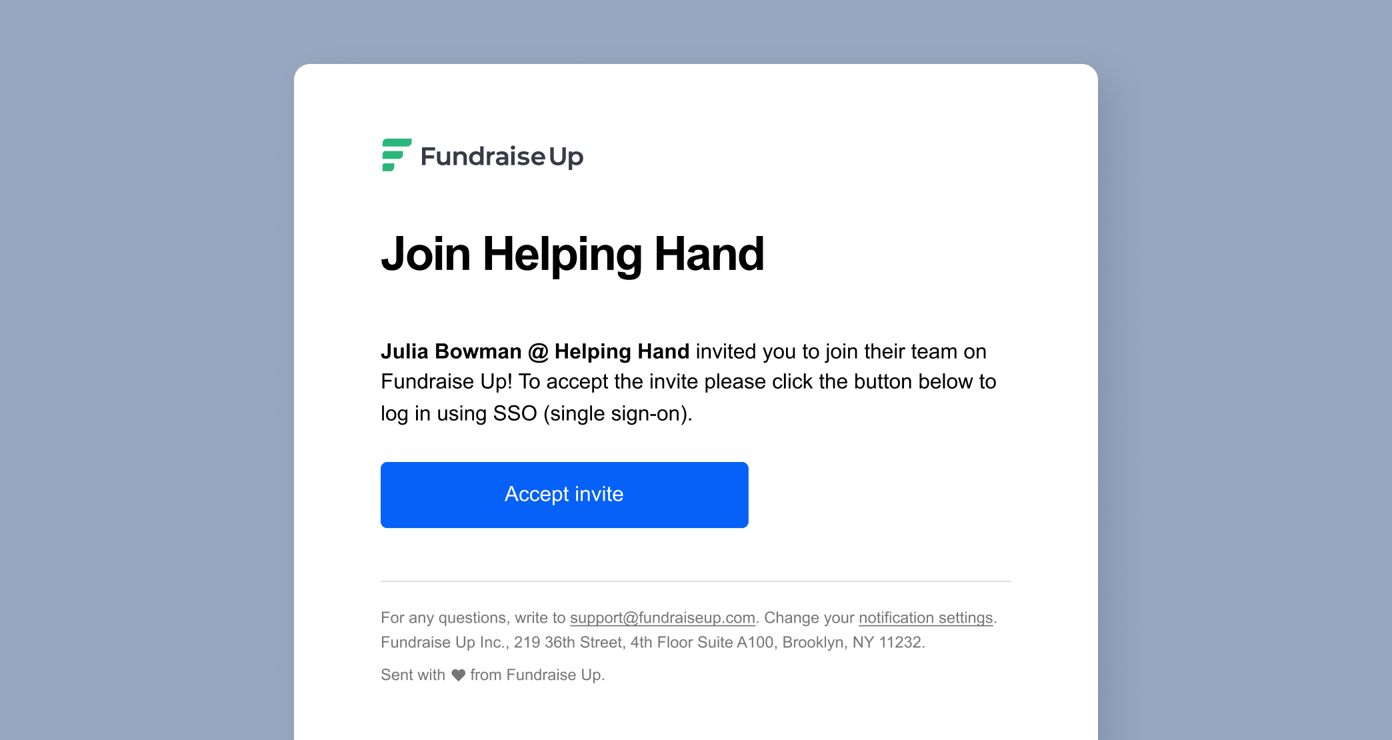 Invitation to join Helping Hand team on Fundraise Up from Julia Bowman. Includes a button to accept the invite using single sign-on.