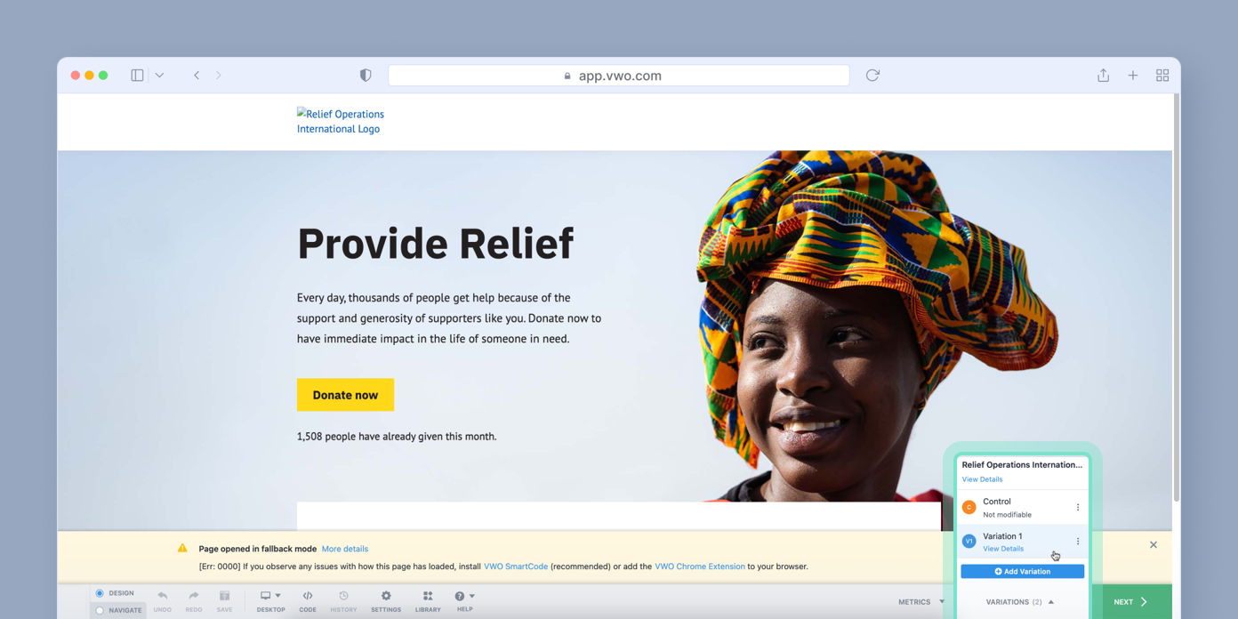 A woman wearing a colorful head wrap smiles, with the text "Provide Relief" and a call-to-action button labeled "Donate now" prominently displayed on a webpage about supporting people in need.