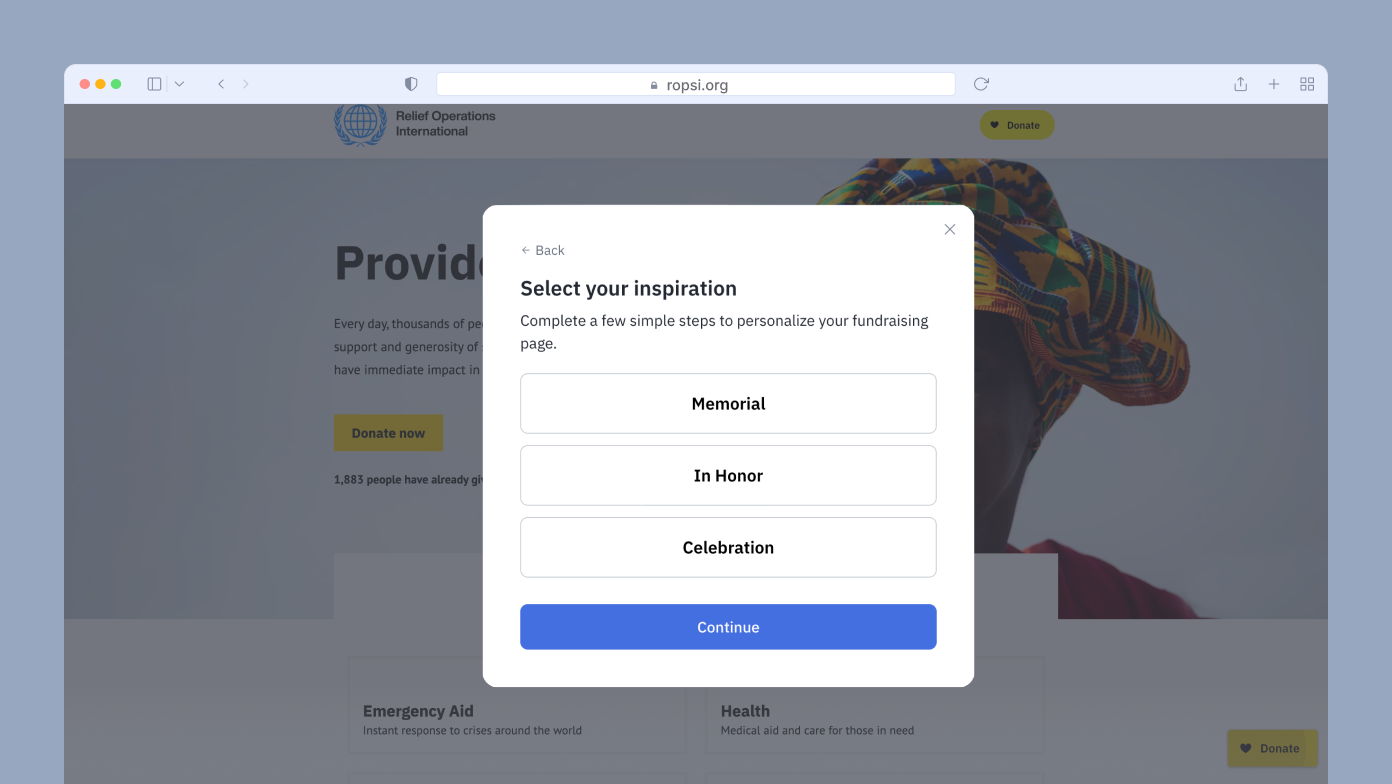 Modal window prompting users to select a fundraising inspiration: options include "Memorial," "In Honor," and "Celebration." A blue "Continue" button is visible, alongside a "Donate" button on the main page.