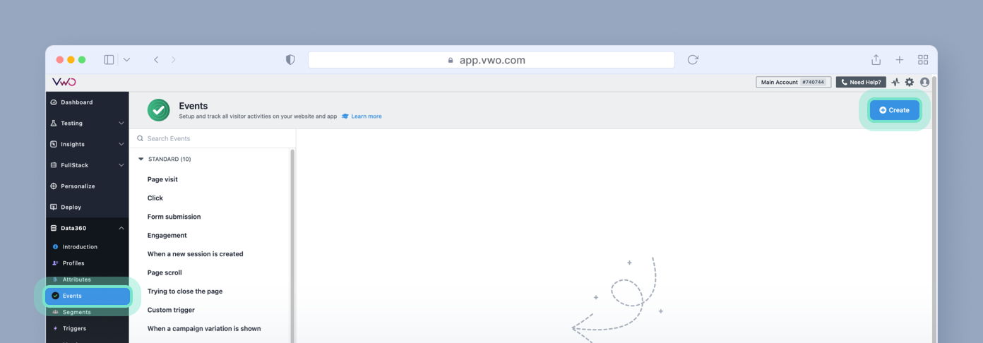 Events management interface showing a list of event types, including page visit, click, and form submission, with a "Create" button highlighted in the top right corner.