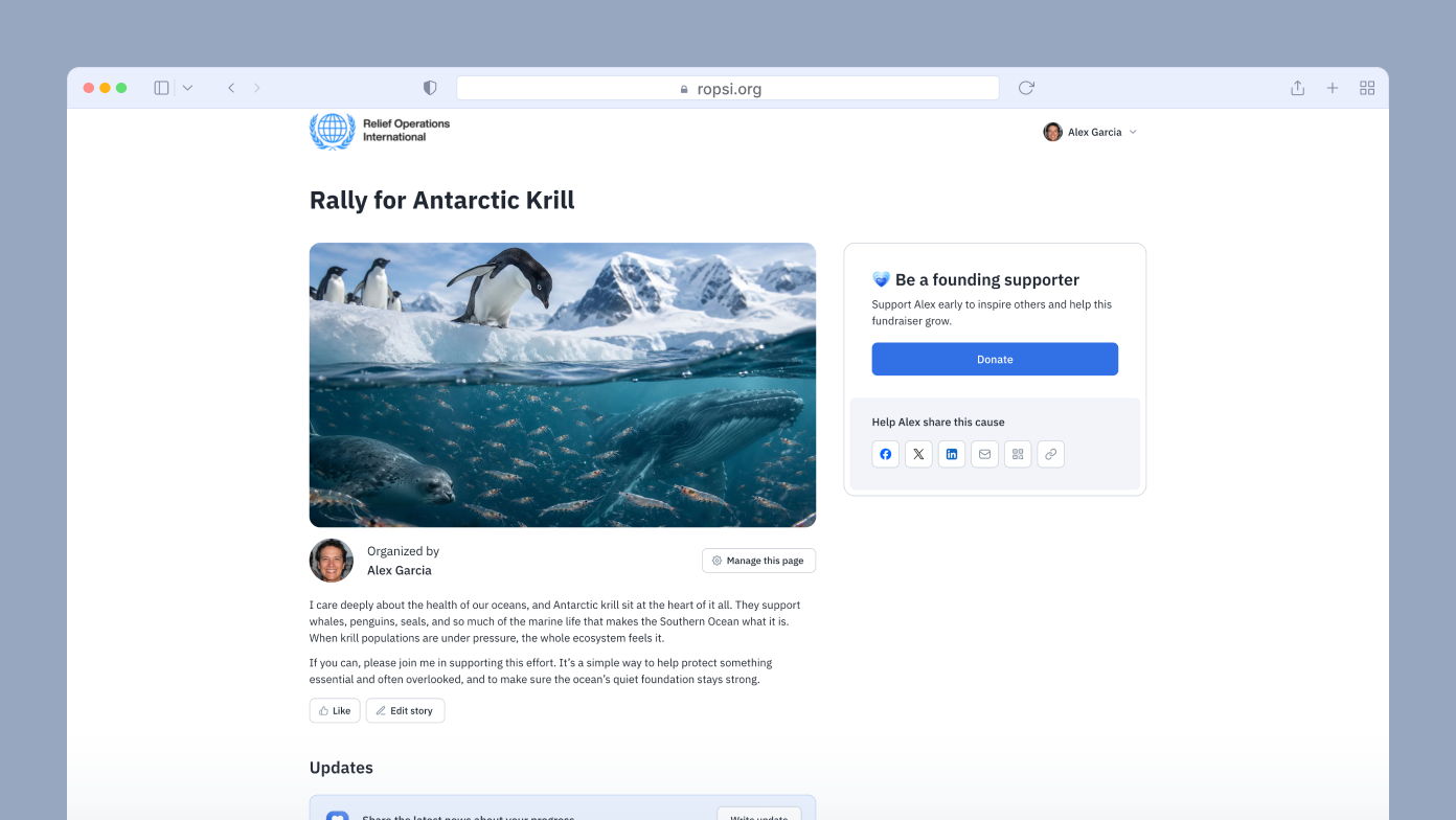 Penguins on ice with a view of the ocean and mountains, highlighting the importance of Antarctic krill in the ecosystem. Fundraising campaign for ocean conservation displayed alongside.