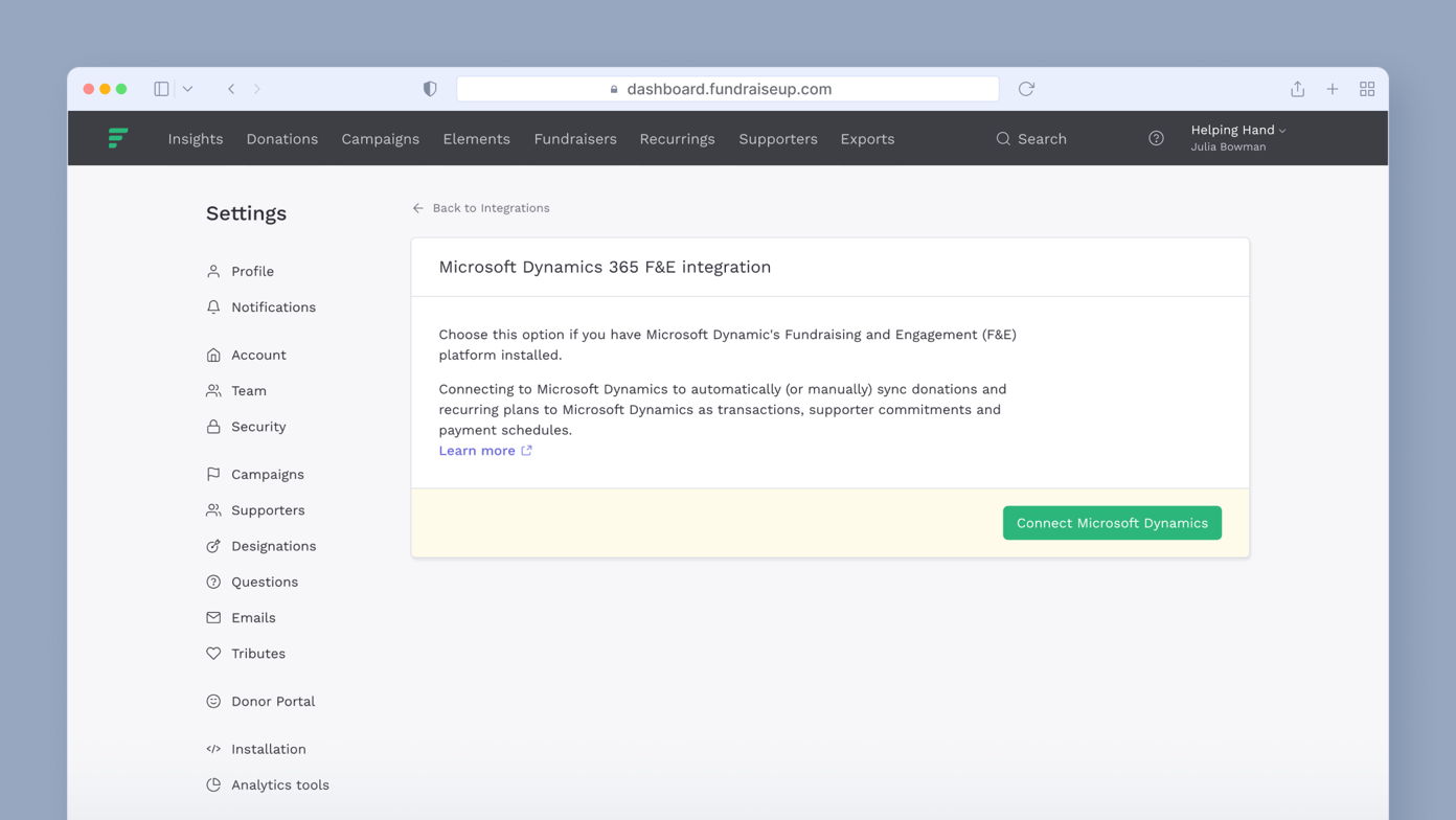 Microsoft Dynamics 365 F&E integration settings page with an option to connect Microsoft Dynamics for syncing donations and supporter commitments.