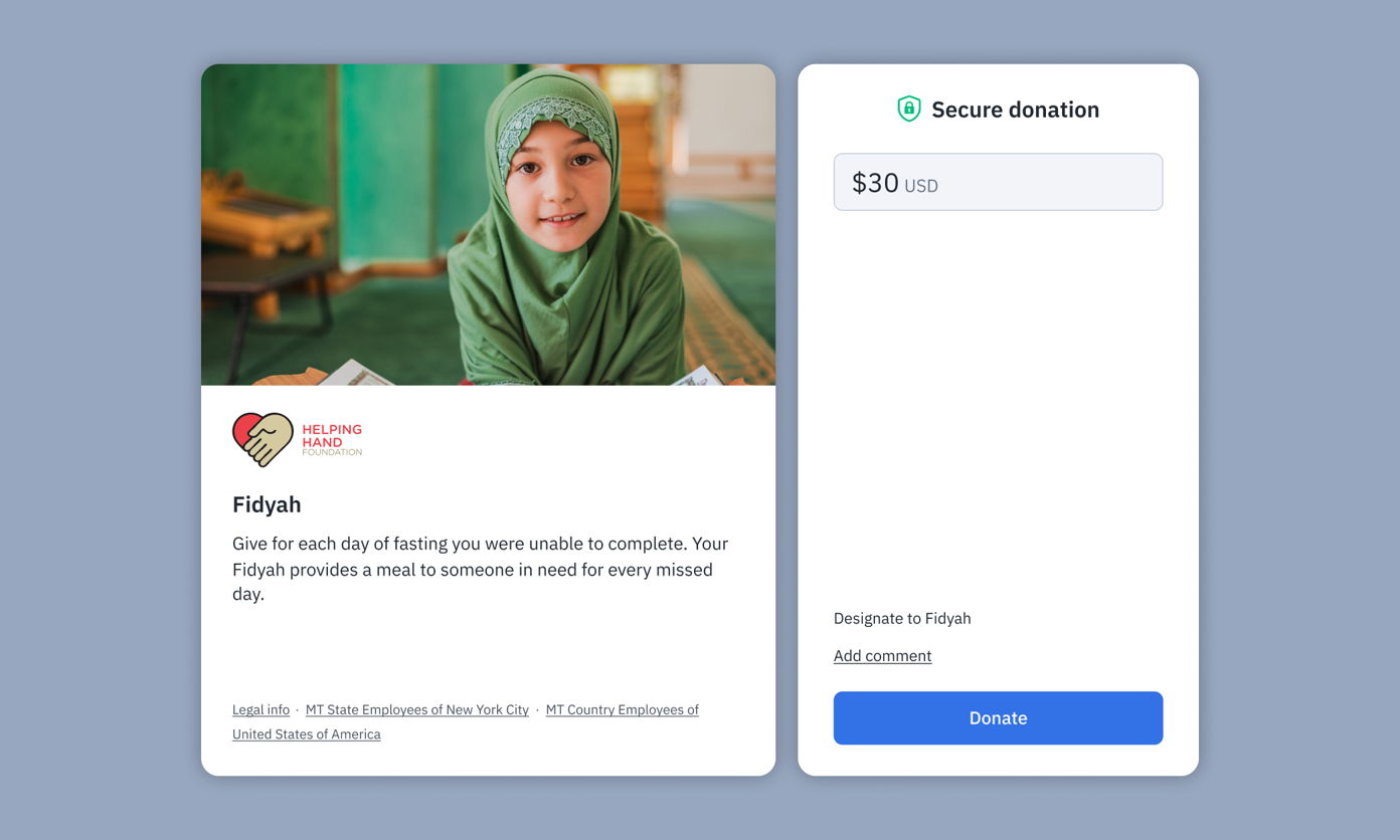 A young girl in a green headscarf smiles beside a donation form for Fidyah, which explains that contributions provide meals for those in need. The form includes fields for donation amount and designation.