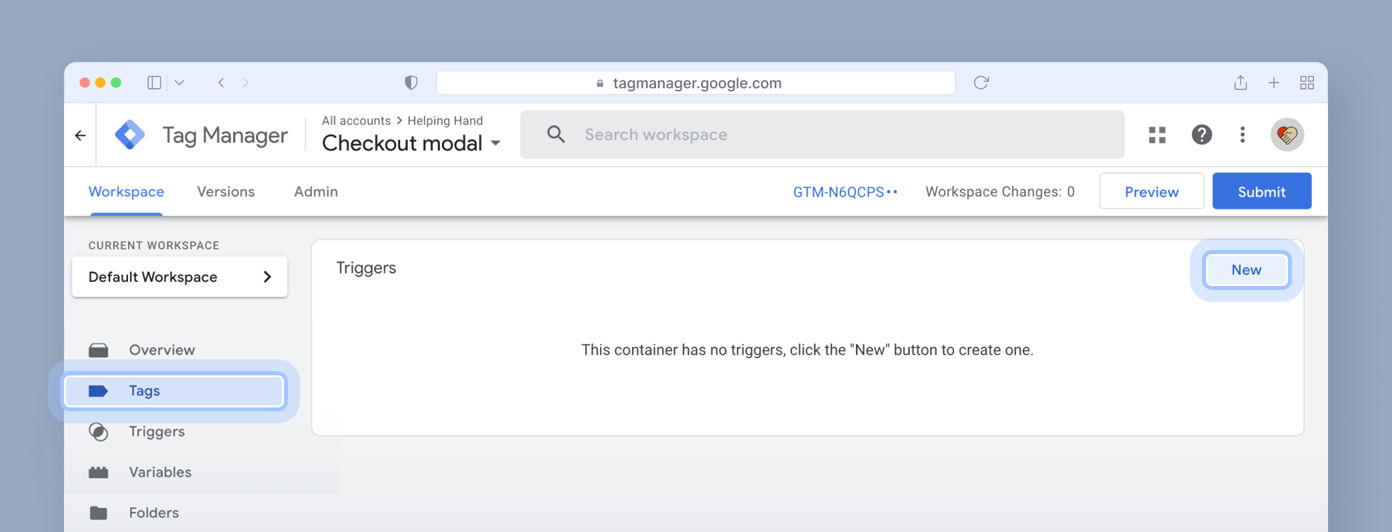 Tag Manager interface displaying the "Triggers" section, indicating no triggers are present and suggesting to click the "New" button to create one.