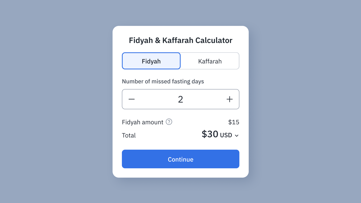 Fidyah and Kaffarah calculator interface with options to select Fidyah or Kaffarah, input for missed fasting days (set to 2), Fidyah amount ($15), and total ($30). A blue "Continue" button is present.