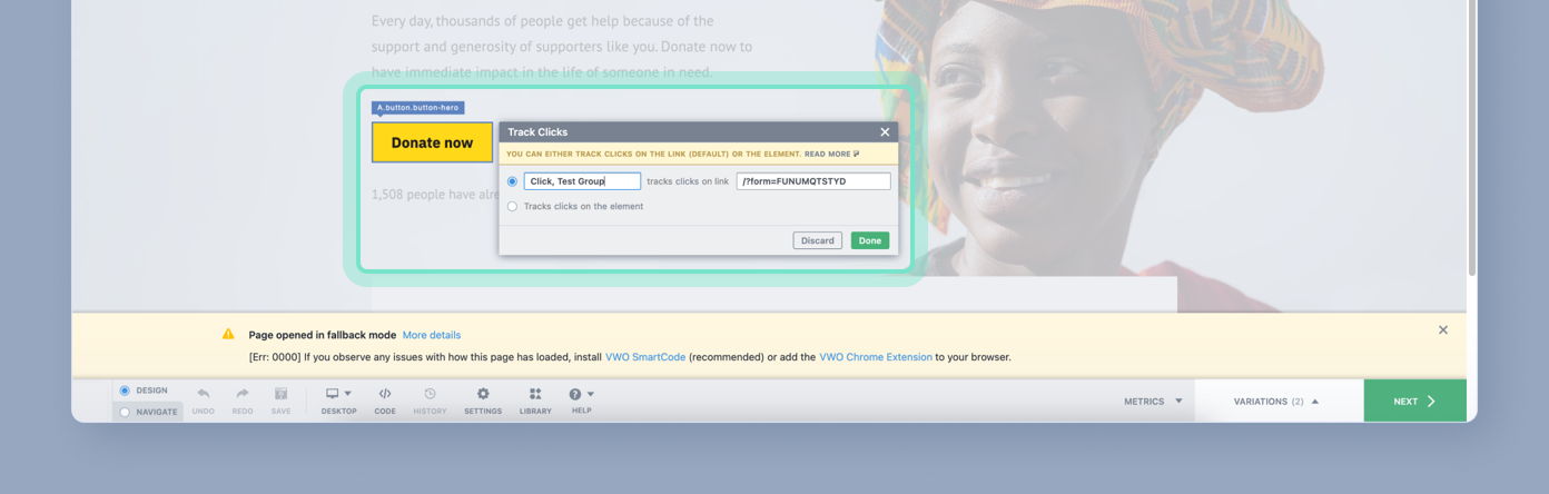 Popup window for tracking clicks on a 'Donate now' button, with options to confirm or cancel. Background features a smiling person wearing a colorful headwrap.
