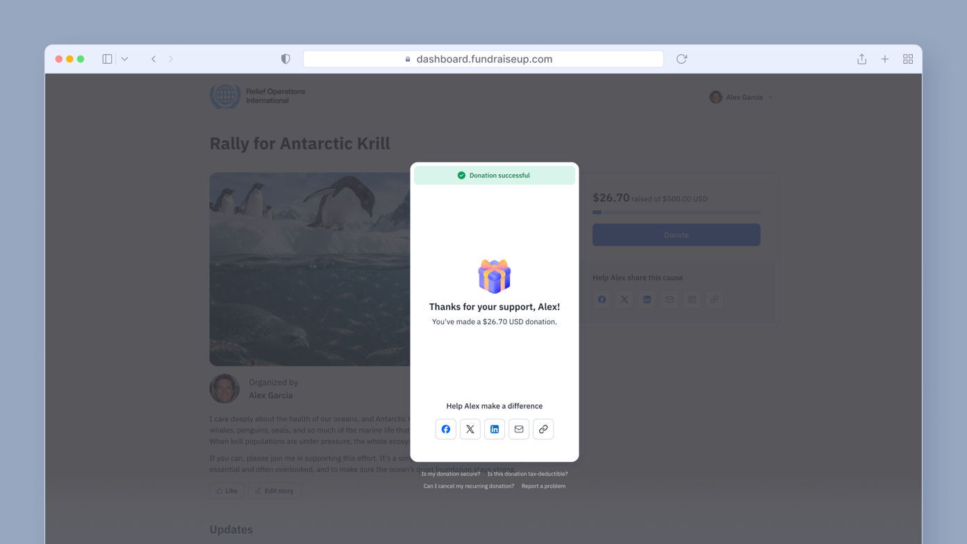 Donation confirmation message displaying gratitude for a $26.70 donation, with options to share and support further. Background features a fundraising page for Antarctic Krill.