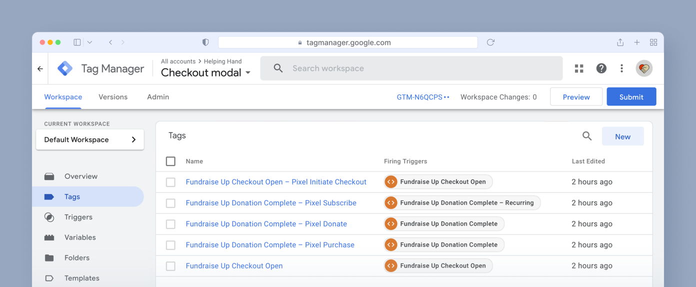 Tag Manager interface displaying the "Checkout modal" workspace with a list of tags and their corresponding firing triggers. Key actions include options for overview, tags, triggers, variables, folders, and templates.
