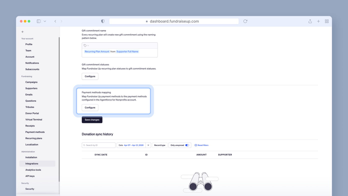 Dashboard interface for a fundraising platform, displaying sections for gift commitment settings, payment method mapping, and donation sync history with options to configure and save changes.