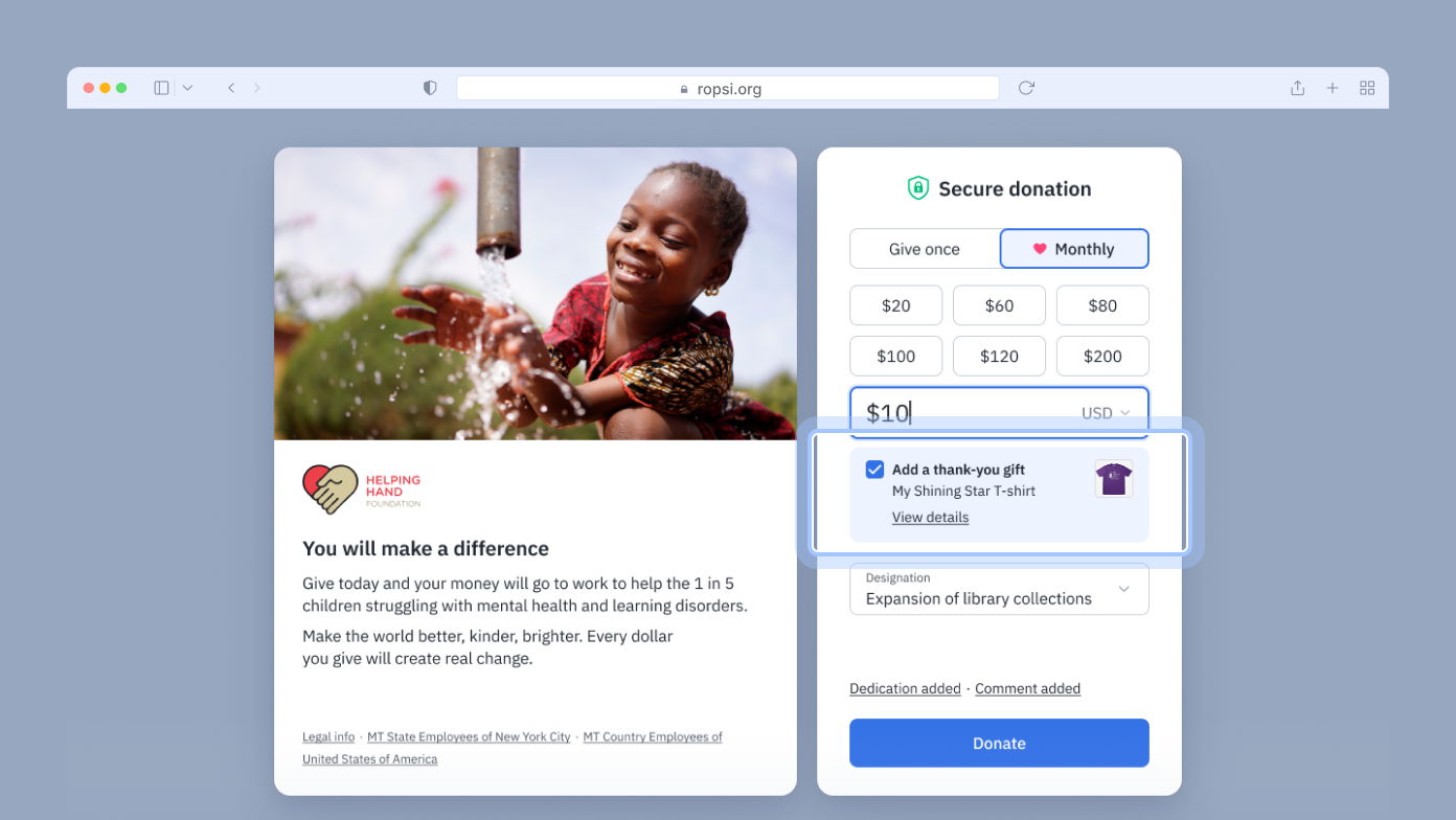Child smiling while playing with water from a hand pump, alongside a donation form for a charity. The form includes options for one-time or monthly donations and a thank-you gift option for a T-shirt.