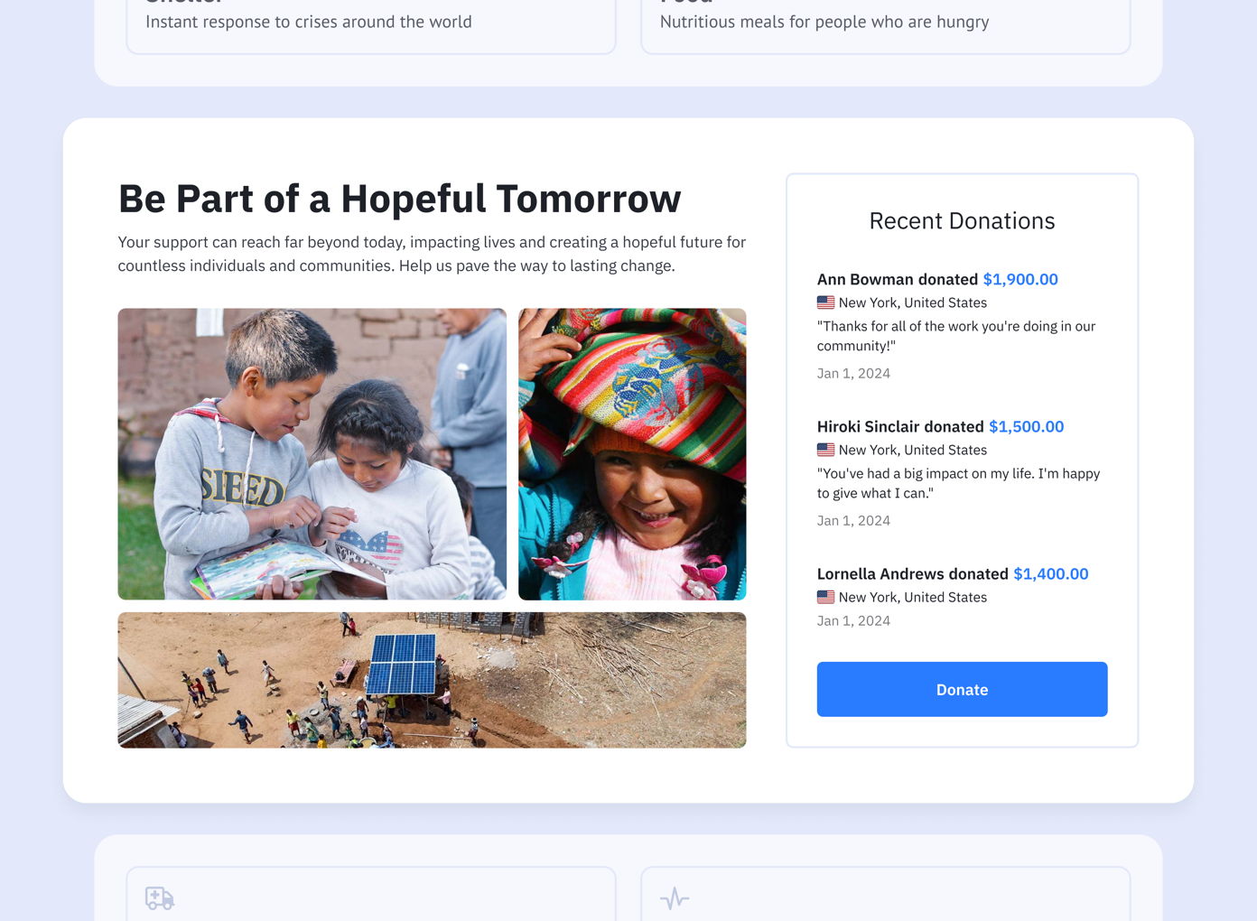 Children engage in activities outdoors, with a focus on community support. The section includes recent donations with names and amounts, alongside a "Donate" button for contributions.