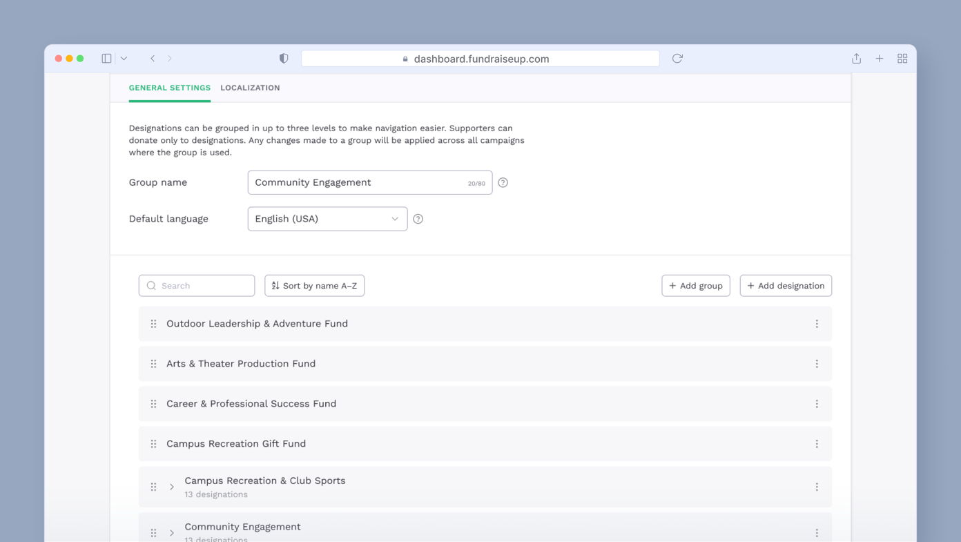 General settings page for a fundraising dashboard, displaying options for group name, default language, and a list of fund designations, including "Community Engagement" and others.