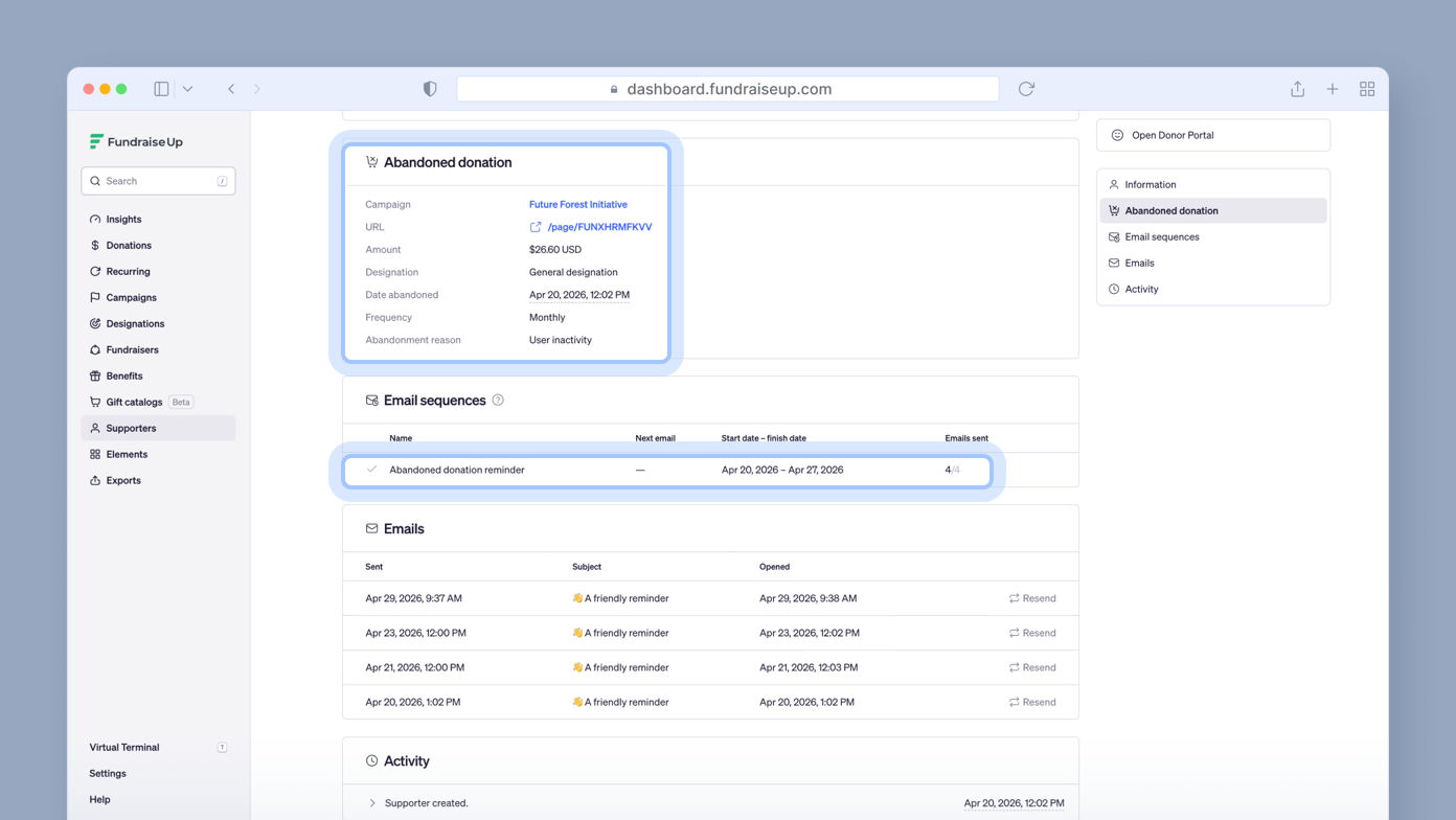 Abandoned donation campaign details, including URL, amount, description, and user activity. Email sequences listed with next email date and start-finish dates. Emails sent include reminders with timestamps.