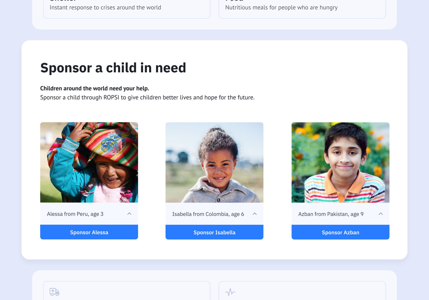 Three children available for sponsorship: Alessa from Peru, age 3; Isabella from Colombia, age 6; and Azban from Pakistan, age 9. Each child has a button to sponsor them. The header encourages helping children in need.