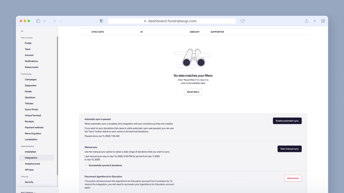 No data matches your filters. Options to enable automatic sync or start manual sync for donations are available. A button to reset filters is also present.