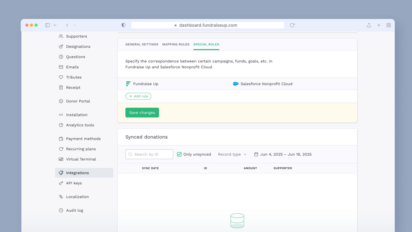 Settings page for Fundraise Up, displaying options for mapping rules between campaigns and Salesforce Nonprofit Cloud, with a section for synced donations and filters for viewing records.