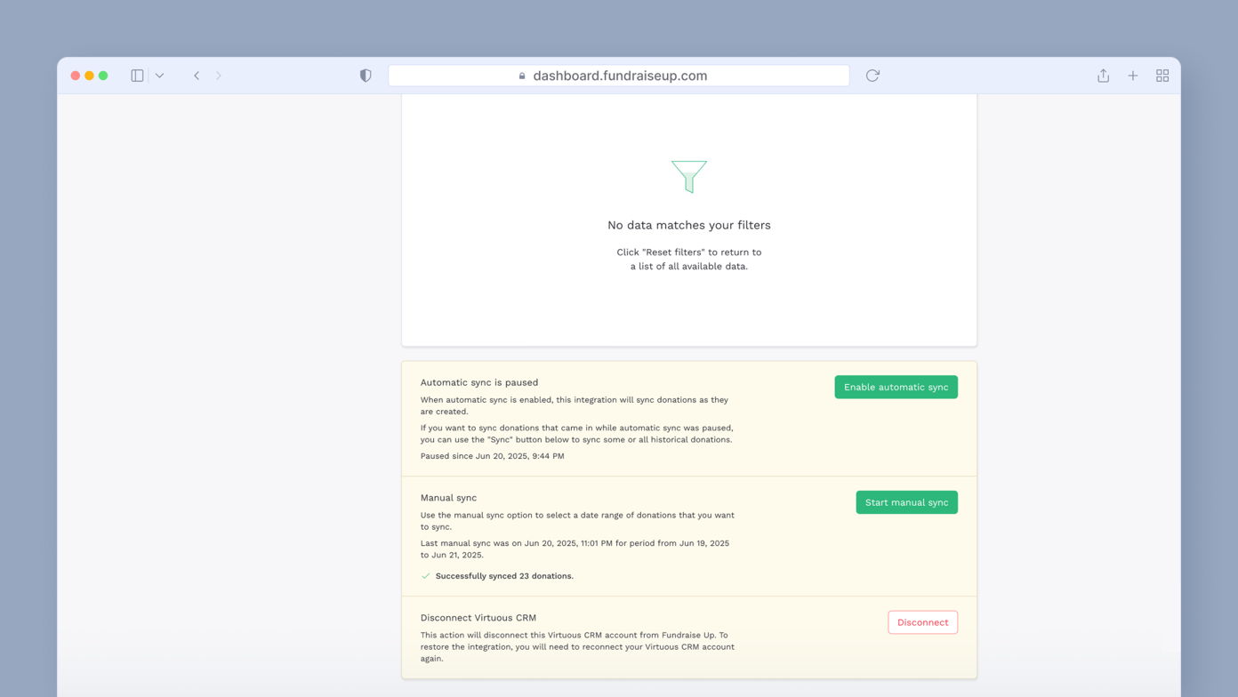 No data matches your filters. Options to enable automatic sync or start manual sync for donations are available. Last manual sync was on June 20, 2019, with 23 donations successfully synced. Option to disconnect from Virtuous CRM is also provided.
