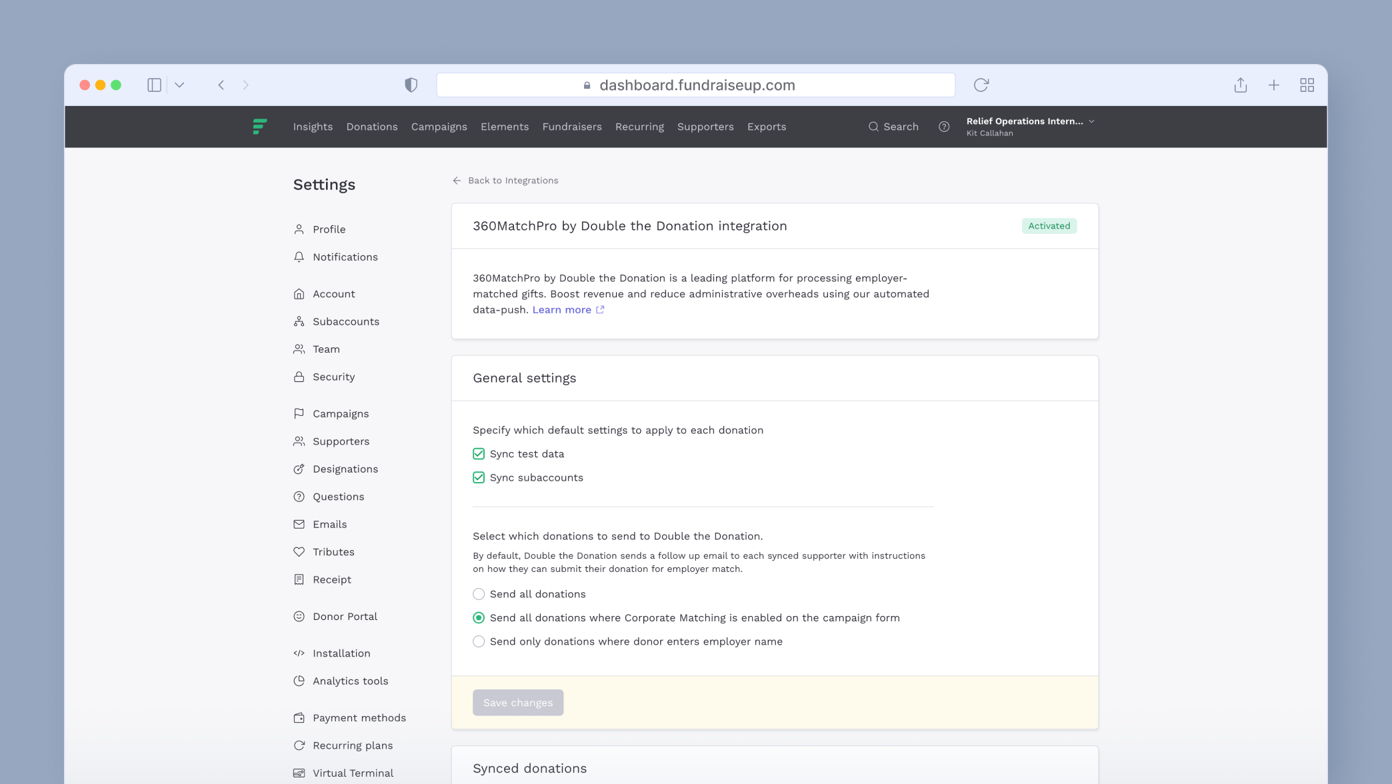 Settings page for the 360MatchPro integration, featuring options to sync test data and subaccounts, along with donation settings for employer matching. A "Save changes" button is visible at the bottom.
