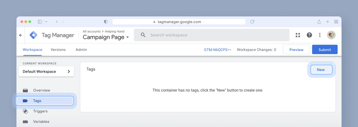 Tag Manager interface displaying the "Campaign Page" with a message indicating no tags are present and a "New" button to create one.